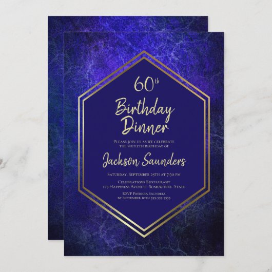Navy Blue en Gold 60th Birthday Dinner Party Kaart (Voorkant / Achterkant)