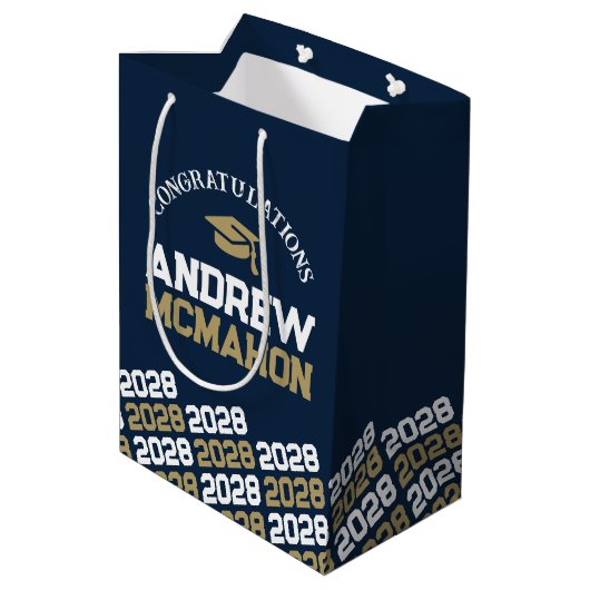 Navy Blue en Gold Afstuderen Class Jaar Medium Cadeauzakje (Achterkant Gekanteld)