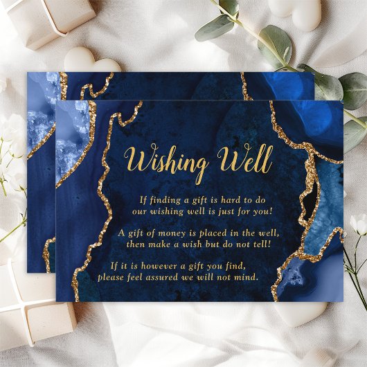 Navy Blue en Gold Agaat Bruiloft Wishing Well Informatiekaartje