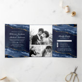 Navy Blue en Gold Agaat Foto Collage Bruiloft Drieluik Uitnodiging (Binnen)