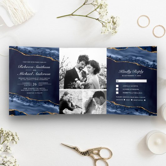 Navy Blue en Gold Agaat Foto Collage Bruiloft Drieluik Uitnodiging