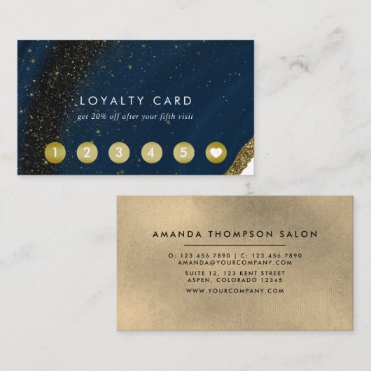 Navy Blue en Gold Agate Loyalty Kaart (Voorkant / Achterkant)
