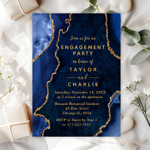 Navy Blue en Gold Agate Marble Engagement Party Kaart