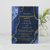 Navy Blue en Gold Agate Marble Engagement Party Kaart (Staand voorkant)