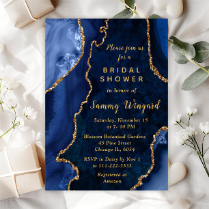 Navy Blue en Gold Agate Marble Vrijgezellenfeest Kaart