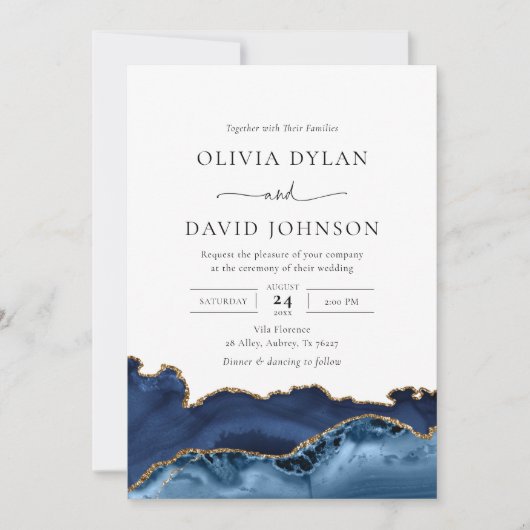 Navy Blue en Gold Agate Photo Wedding Invitation Kaart (Voorkant)