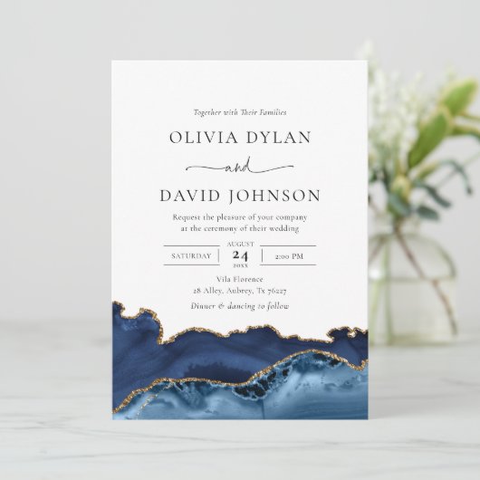 Navy Blue en Gold Agate Photo Wedding Invitation Kaart (Staand voorkant)