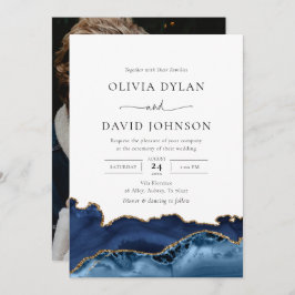 Navy Blue en Gold Agate Photo Wedding Invitation Kaart