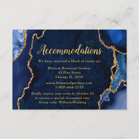 Navy Blue en Gold Agate Wedding Accommodations Informatiekaartje (Voorkant)