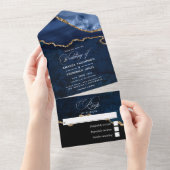 Navy Blue en Gold Agate Wedding All In One Uitnodiging (Afscheurbaar)