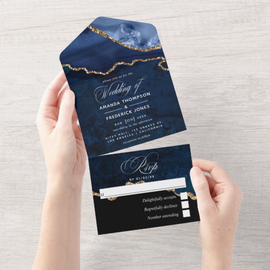 Navy Blue en Gold Agate Wedding All In One Uitnodiging (Afscheurbaar)