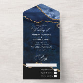 Navy Blue en Gold Agate Wedding All In One Uitnodiging (Binnen)