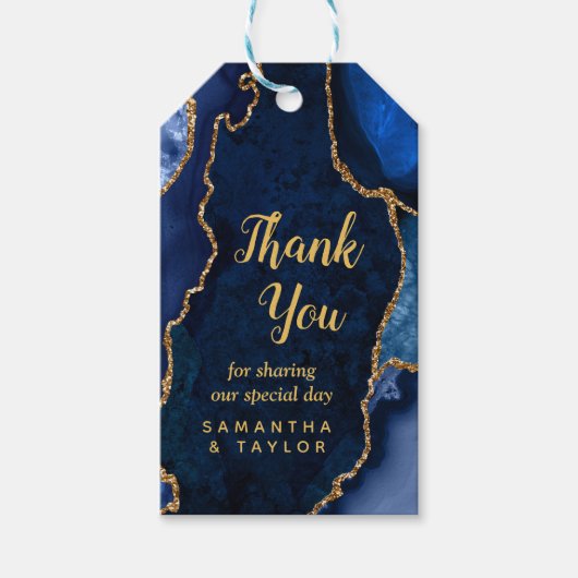 Navy Blue en Gold Agate Wedding Hartelijk dank Cadeaulabel (Voorkant)