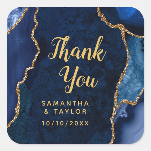 Navy Blue en Gold Agate Wedding Hartelijk dank Vierkante Sticker (Voorkant)