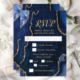 Navy Blue en Gold Agate Wedding Meal Choice RSVP Kaartje