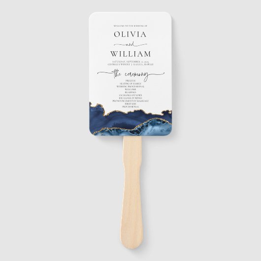 Navy Blue en Gold Agate Wedding Program Hand Fan Handwaaier (Voorkant)
