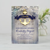 Navy Blue en Gold Anchor Rustic Beach Afstuderen Folie Uitnodiging (Staand Voorkant)