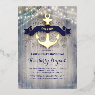 Navy Blue en Gold Anchor Rustic Beach Baby shower Folie Uitnodiging