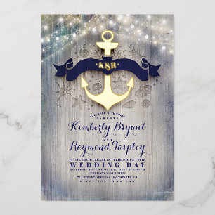Navy Blue en Gold Anchor Rustic Beach Wedding Folie Uitnodiging