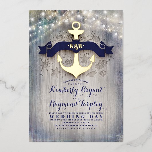 Navy Blue en Gold Anchor Rustic Beach Wedding Folie Uitnodiging (Voorkant)