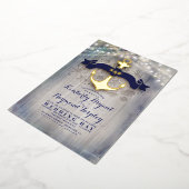 Navy Blue en Gold Anchor Rustic Beach Wedding Folie Uitnodiging (Gedraaid)