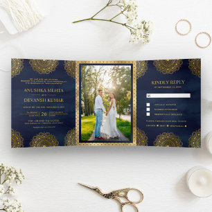 Navy Blue en Gold Asian Mandala Indian Wedding Drieluik Uitnodiging