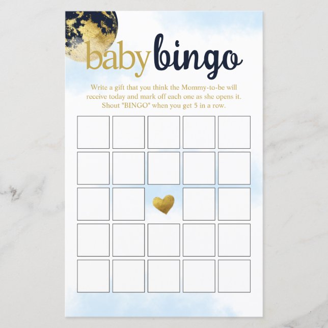 Navy Blue en Gold Baby Bingo Baby shower spel (Voorkant)