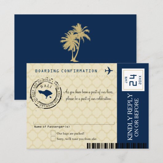 Navy Blue en Gold Bali Wedding RSVP (Voorkant / Achterkant)