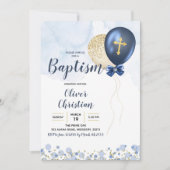 Navy Blue en Gold Balloon Boy Baptism Invitation Kaart (Voorkant)