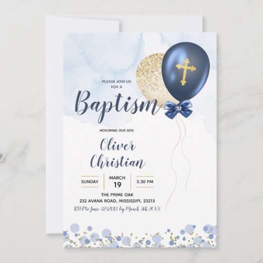 Navy Blue en Gold Balloon Boy Baptism Invitation Kaart (Voorkant)