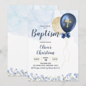 Navy Blue en Gold Balloon Boy Baptism Invitation Kaart (Voorkant / Achterkant)