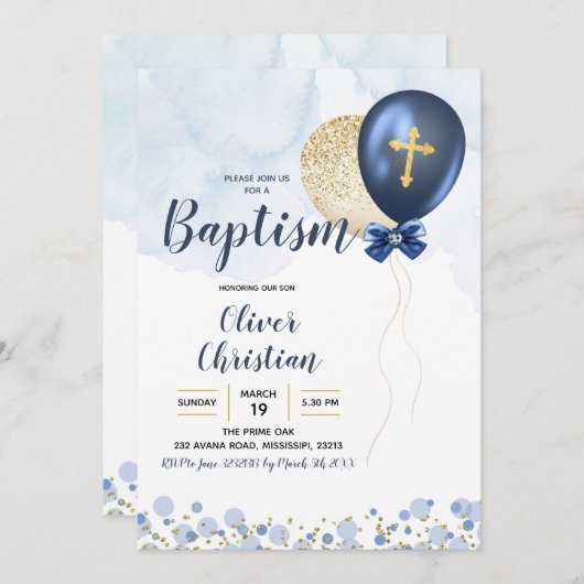 Navy Blue en Gold Balloon Boy Baptism Invitation Kaart (Voorkant / Achterkant)