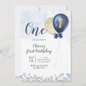 Navy Blue en Gold Balloon Boy First Birthday Inv Kaart (Voorkant)