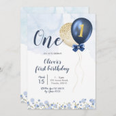 Navy Blue en Gold Balloon Boy First Birthday Inv Kaart (Voorkant / Achterkant)
