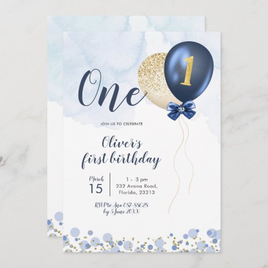 Navy Blue en Gold Balloon Boy First Birthday Inv Kaart (Voorkant / Achterkant)