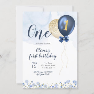 Navy Blue en Gold Balloon Boy First Birthday Inv Kaart