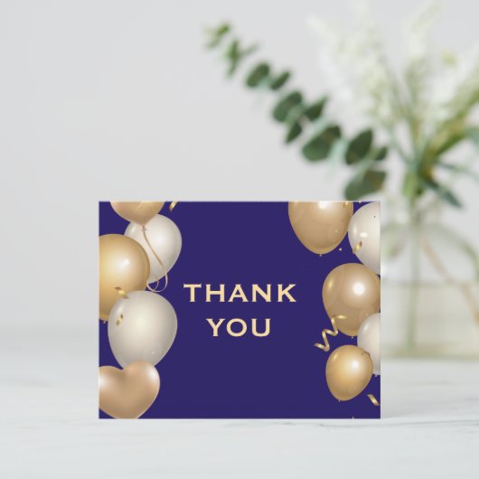Navy Blue en Gold Balloons Confetti Bedankkaart (Staand voorkant)