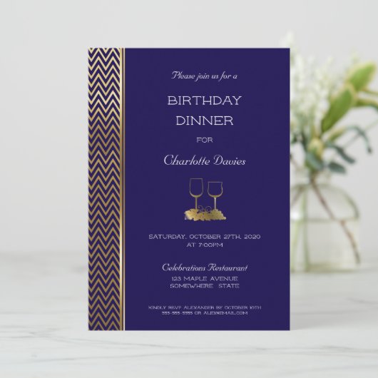 Navy Blue en Gold Birthday Dinner Kaart (Staand voorkant)