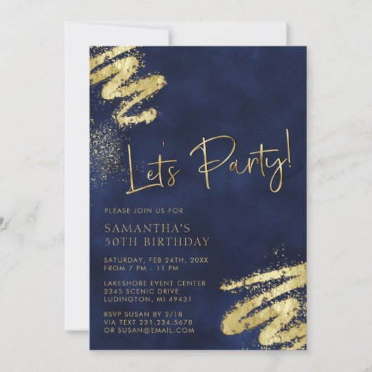 Navy Blue en Gold Birthday Invitation Kaart (Voorkant)