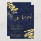 Navy Blue en Gold Birthday Invitation Kaart (Voorkant / Achterkant)