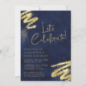 Navy Blue en Gold Birthday Invitation Kaart (Voorkant)