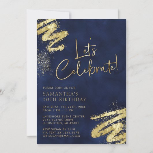 Navy Blue en Gold Birthday Invitation Kaart (Voorkant)
