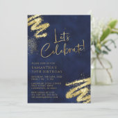 Navy Blue en Gold Birthday Invitation Kaart (Staand voorkant)