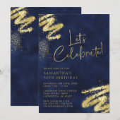 Navy Blue en Gold Birthday Invitation Kaart (Voorkant / Achterkant)