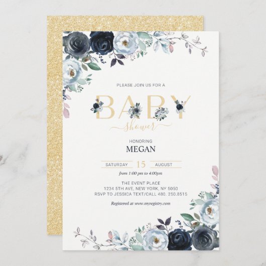 Navy Blue en Gold Boho Floral Baby shower Kaart (Voorkant / Achterkant)