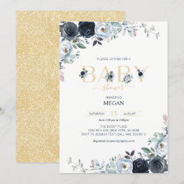 Navy Blue en Gold Boho Floral Baby shower Kaart