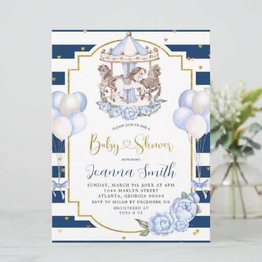 Navy Blue en Gold Boy Carousel Baby shower Invite Kaart (Staand voorkant)