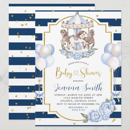 Navy Blue en Gold Boy Carousel Baby shower Invite Kaart (Voorkant / Achterkant)