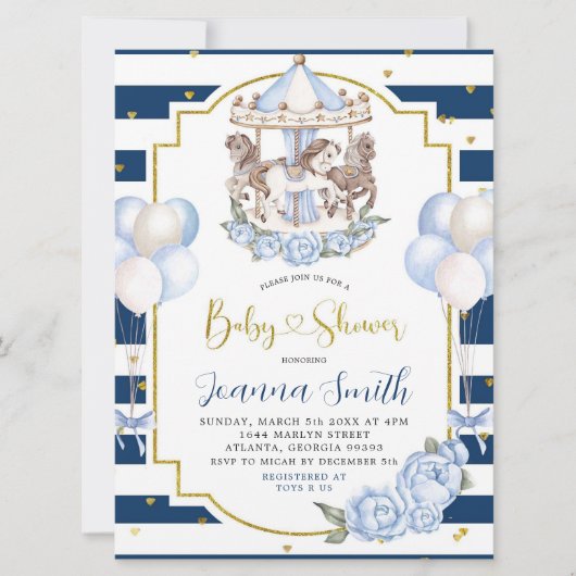 Navy Blue en Gold Boy Carousel Baby shower Invite Kaart (Voorkant)