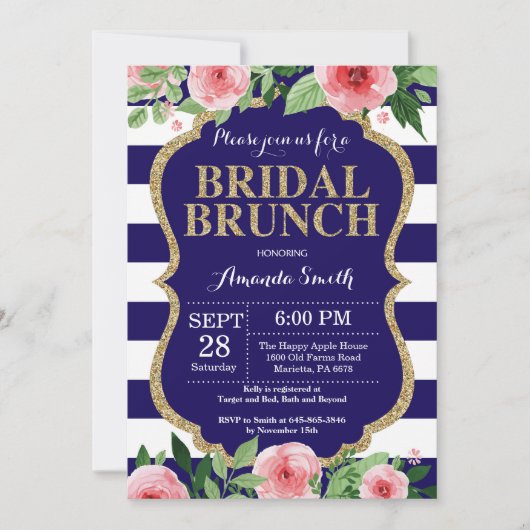Navy Blue en Gold Bridal Brunch Invitation Floral Kaart (Voorkant)